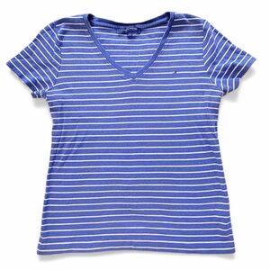 Tommy Hilfiger Women's Striped V-Neck Tee - Blue and White 100% Cotton Medium